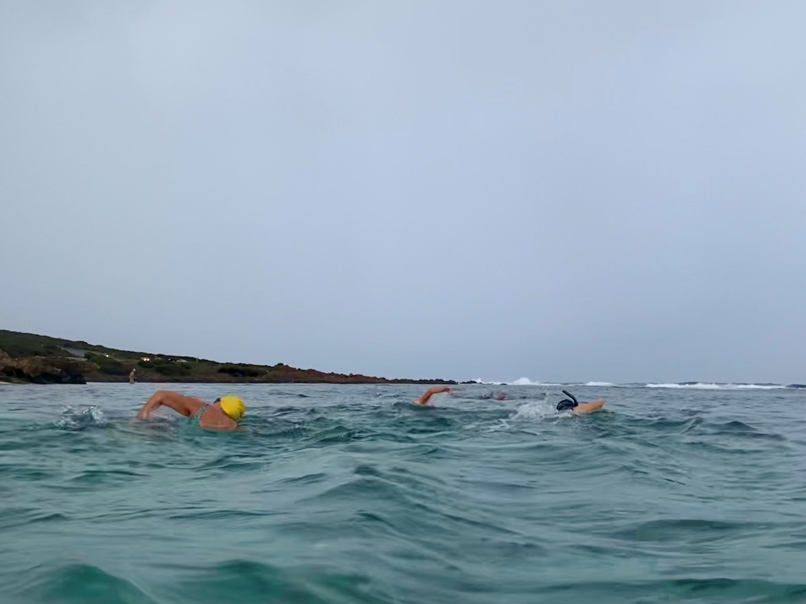 Two swimmers in open water with a scenic background